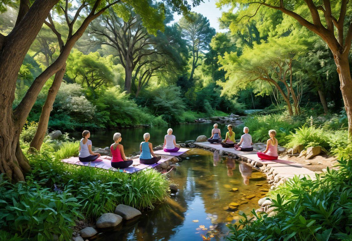 A serene landscape featuring a diverse group of cancer survivors engaging in holistic activities like yoga and meditation among lush green trees, a gentle stream flowing nearby, and colorful healthy food being shared in a communal setting. The atmosphere is filled with warmth and support, symbolizing healing and nourishment for both body and soul. soft pastel colors. vibrant nature elements. calming ambiance.