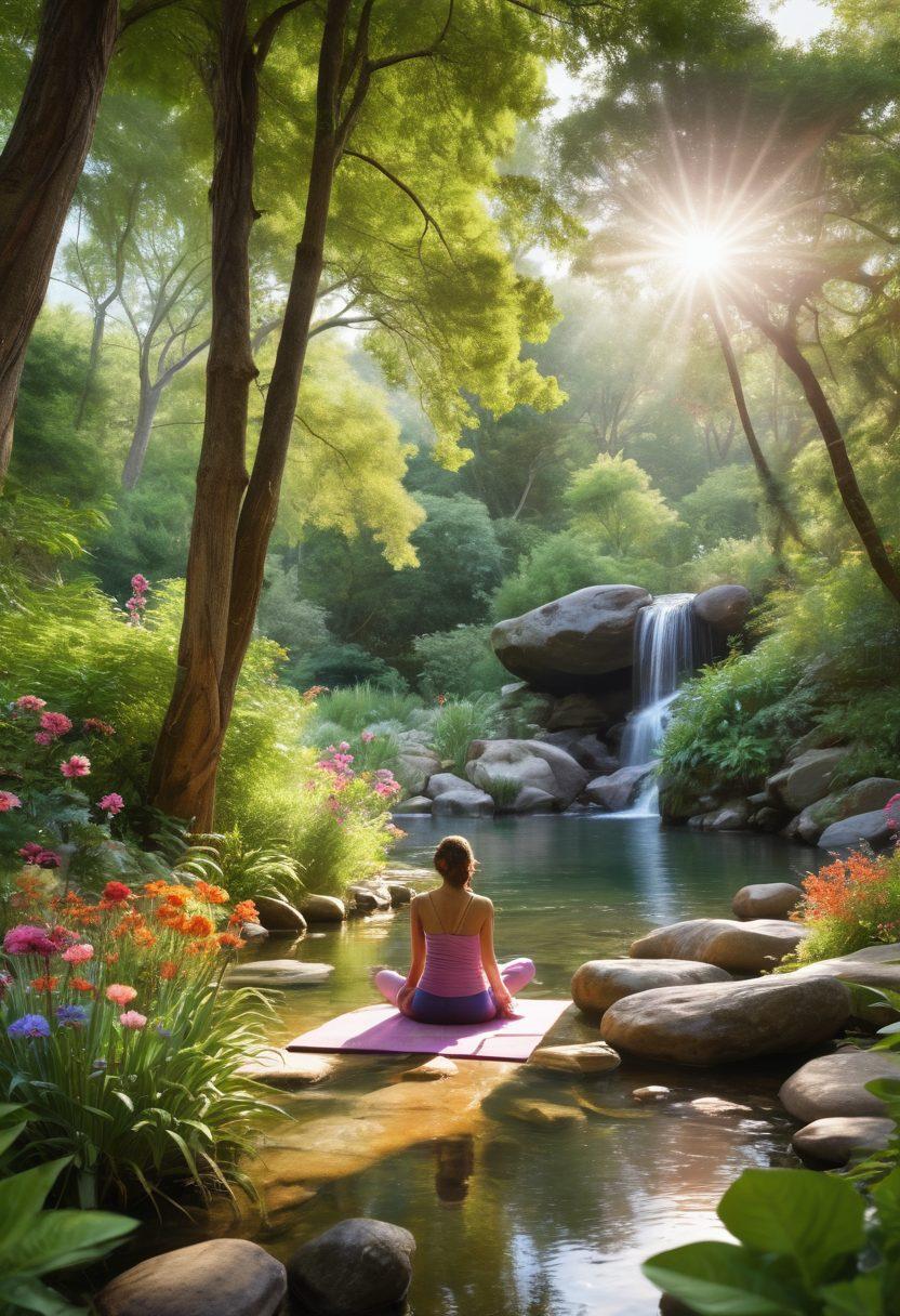 A serene wellness retreat nestled in a lush green landscape, featuring diverse cancer survivors engaged in holistic activities like yoga, meditation, and herbal therapy. Bright sunlight filters through towering trees, creating a warm and uplifting atmosphere. Incorporate elements of healing, like colorful flowers and soothing natural water features, to emphasize tranquility and empowerment. super-realistic. vibrant colors. peaceful ambiance.