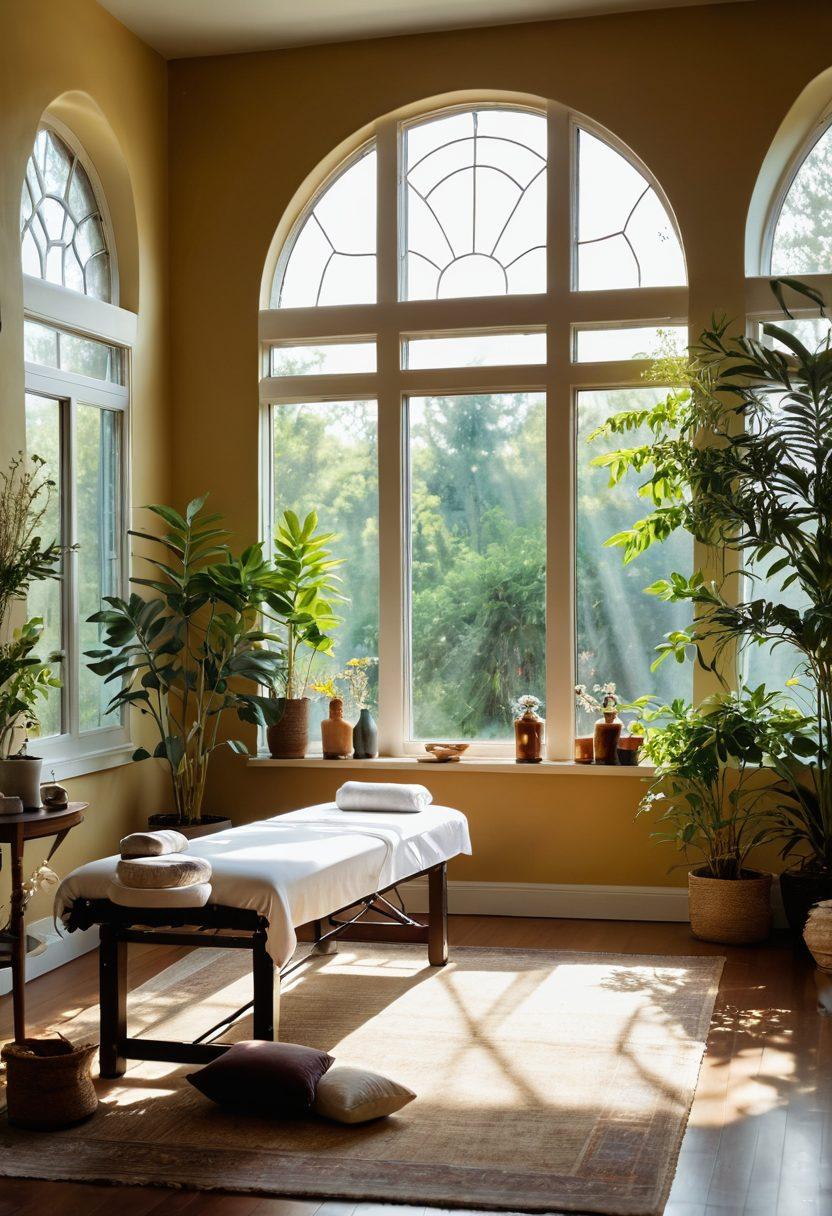 A serene and peaceful scene depicting a sunlit therapy room with natural light streaming through large windows. Include elements like a comfortable massage table, colorful herbal remedies, and paintings of nature on the walls. In the background, show a silhouette of a person meditating, surrounded by plants and crystals, symbolizing healing and hope. The overall atmosphere should evoke tranquility and a sense of holistic wellness. super-realistic. vibrant colors. soft focus.